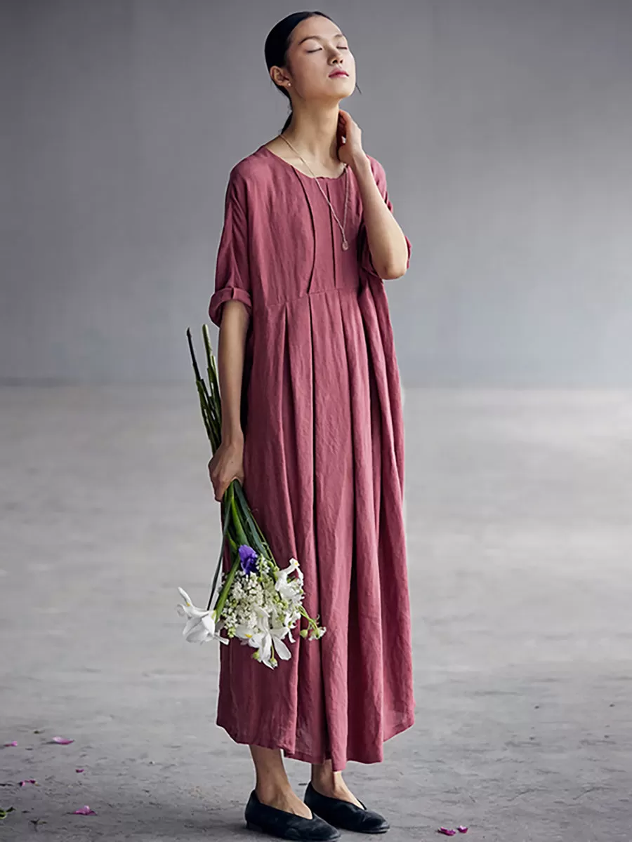 Chinese Style Elegant Pleated Loose Linen Dress