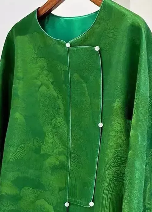 Chinese Style Green O Neck Button Silk Coats Long Sleeve CG1026