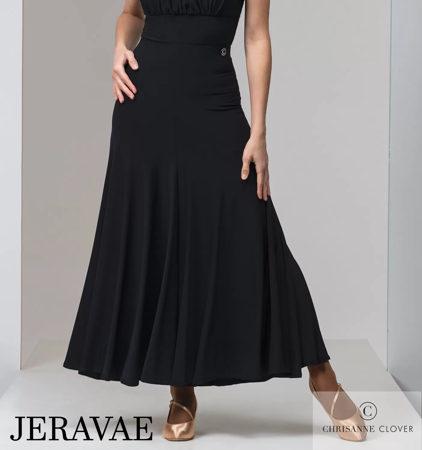 Chrisanne Clover Cia Long Black Ballroom Practice Skirt with Asymmetric Panel, Elastic Waistband, and Soft Hem PRA 953 in Stock