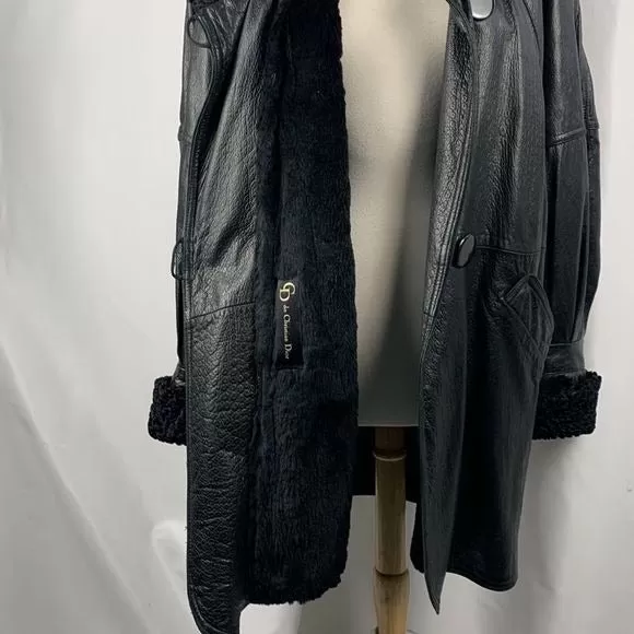 Christian DiorVintage Black Mink Lined Leather Coat With Persian Trim