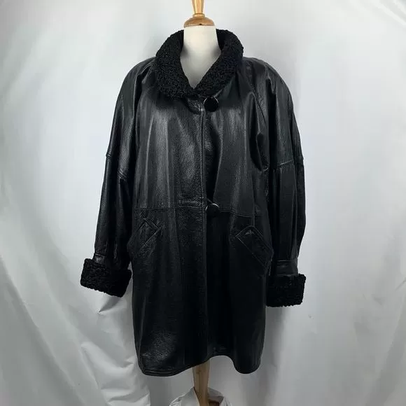 Christian DiorVintage Black Mink Lined Leather Coat With Persian Trim