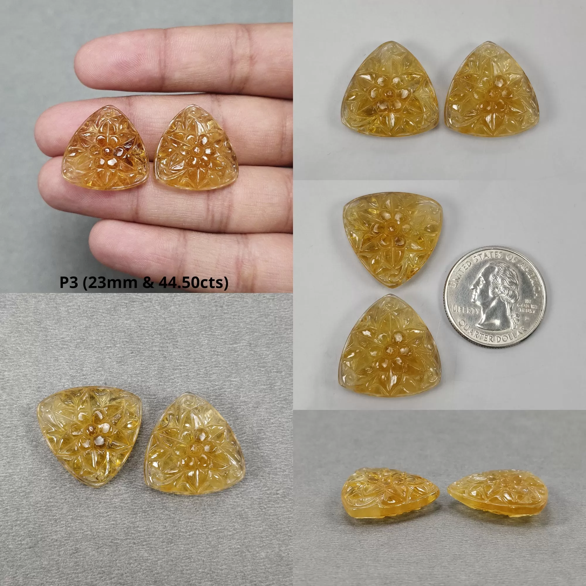 CITRINE Gemstone Carving : Natural Untreated Unheated Yellow Citrine Both Side Hand Carved Pear & Triangle Shape Carving Pairs For Earrings