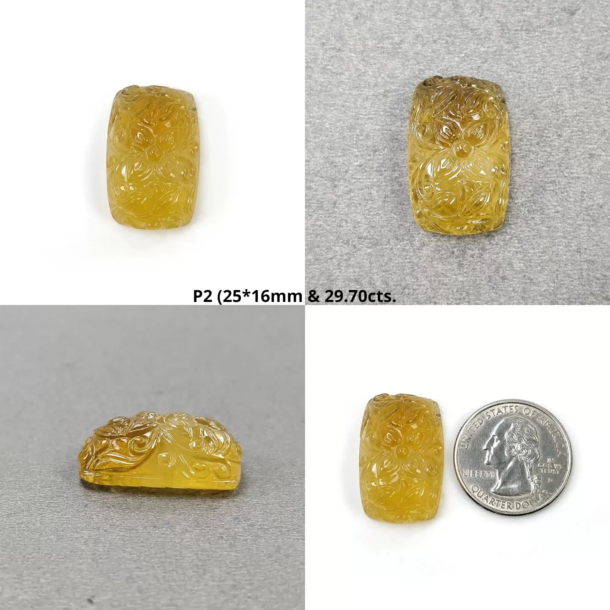 CITRINE Gemstone Carving : Natural Untreated Unheated Yellow Citrine Hand Carved Cushion Shape Floral Carving