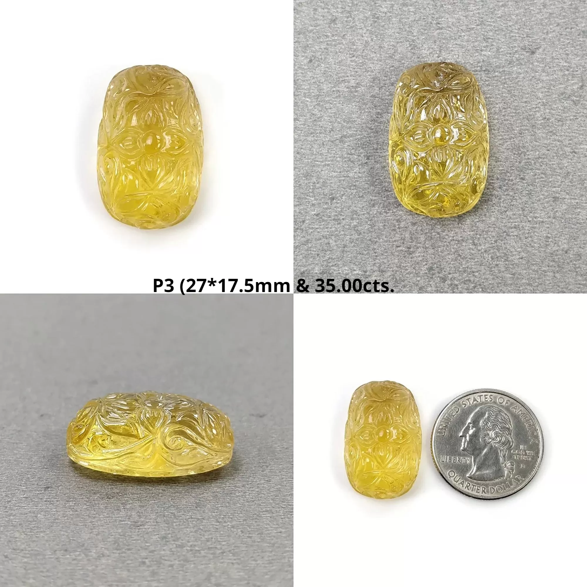 CITRINE Gemstone Carving : Natural Untreated Unheated Yellow Citrine Hand Carved Cushion Shape Floral Carving