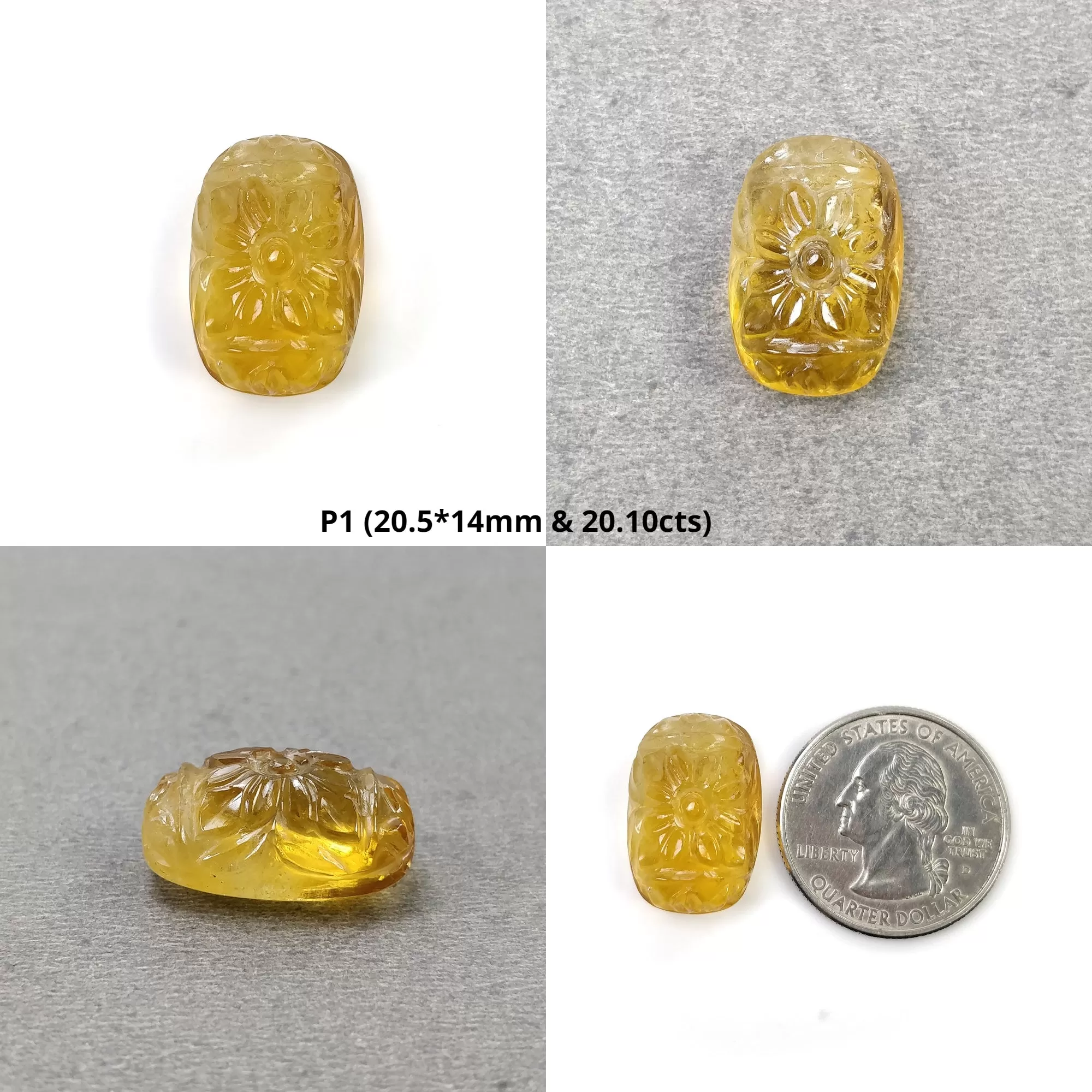 CITRINE Gemstone Carving : Natural Untreated Unheated Yellow Citrine Hand Carved Cushion Shape Floral Carving