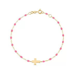 Cross Charm Classic Gigi Pink bracelet, Yellow Gold, 6.7"