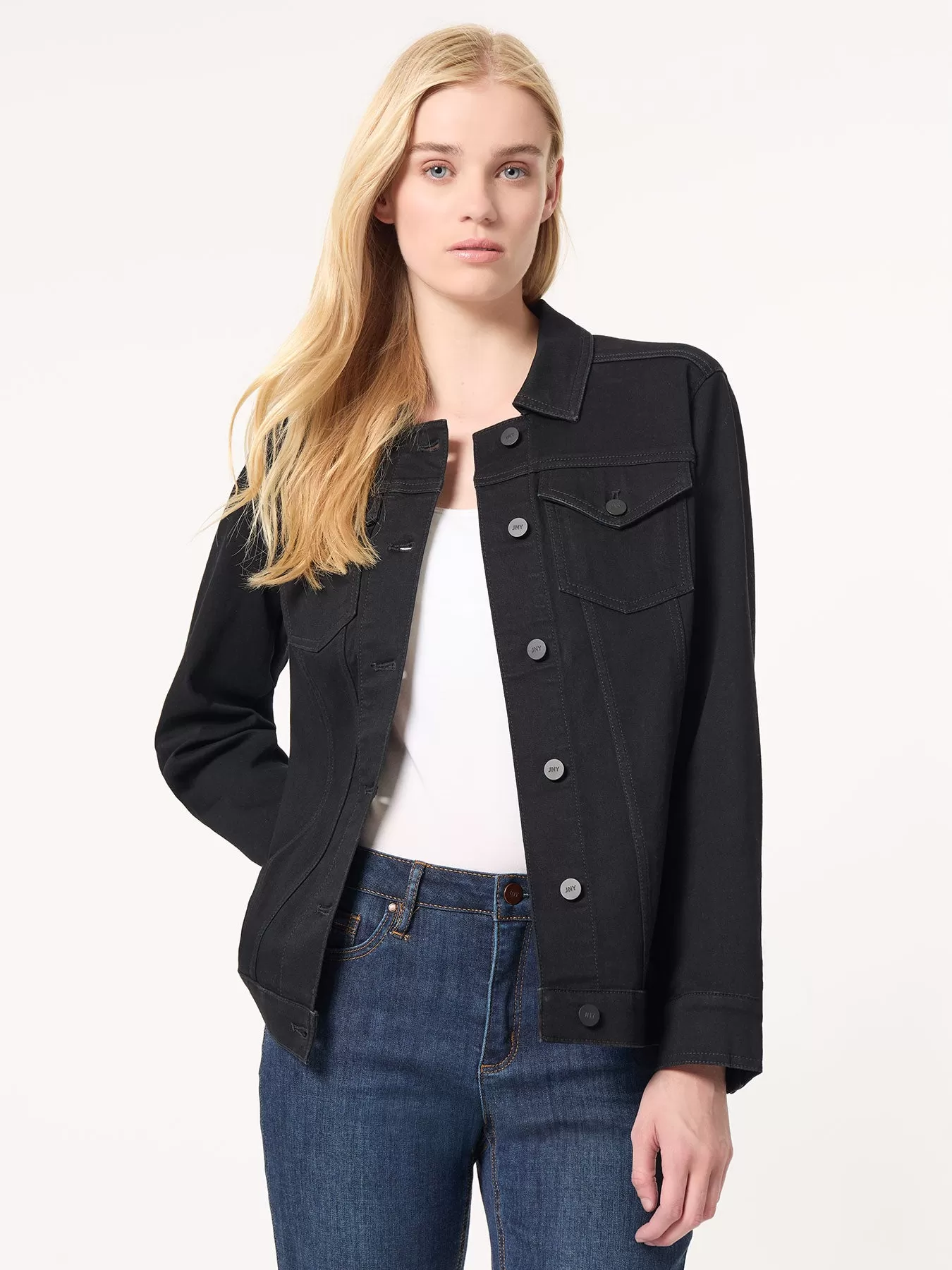 Denim Belted Button-Front Jacket, Onyx Wash