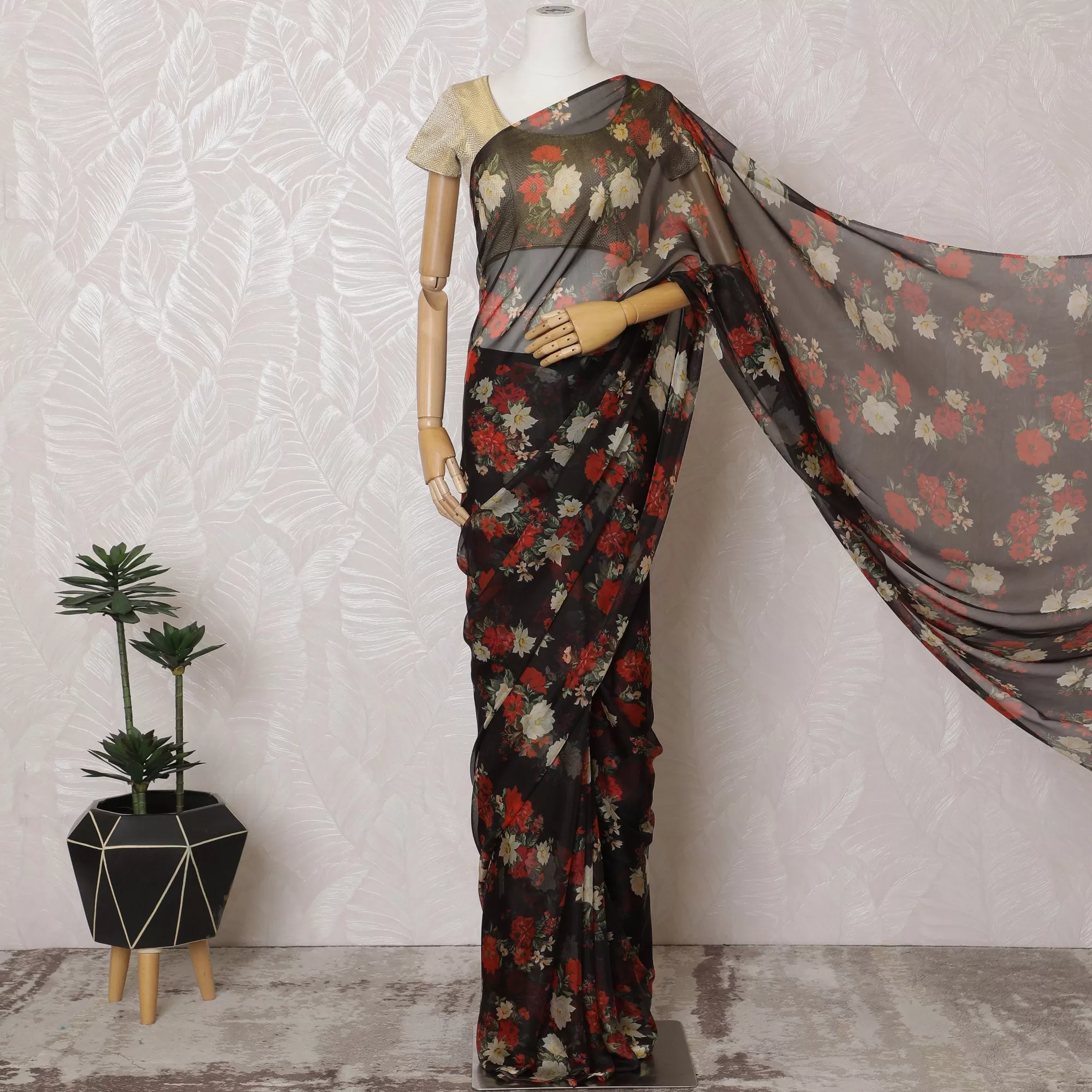 Elegant Black Floral Silk Chiffon Saree,110 cm Width, 5.5 Meters Piece-D19490