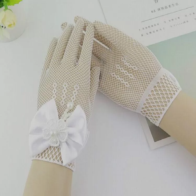 Elegant Mesh Bow-Knot Gloves for Flower Girls - Perfect for Weddings, Ages 4-15