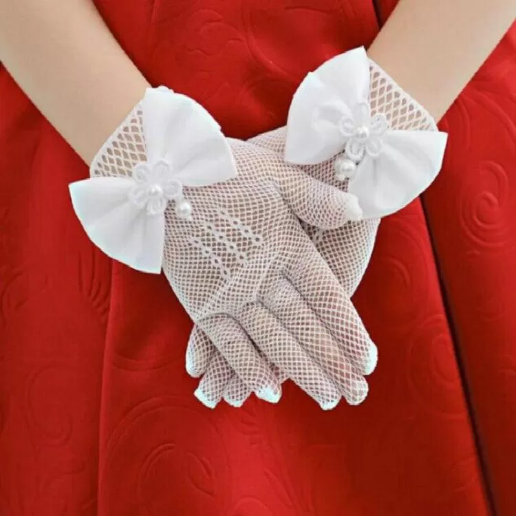 Elegant Mesh Bow-Knot Gloves for Flower Girls - Perfect for Weddings, Ages 4-15