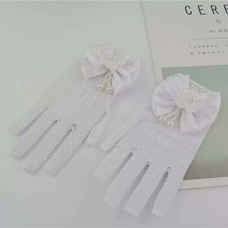 Elegant Mesh Bow-Knot Gloves for Flower Girls - Perfect for Weddings, Ages 4-15