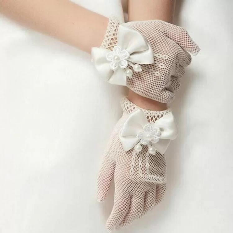 Elegant Mesh Bow-Knot Gloves for Flower Girls - Perfect for Weddings, Ages 4-15