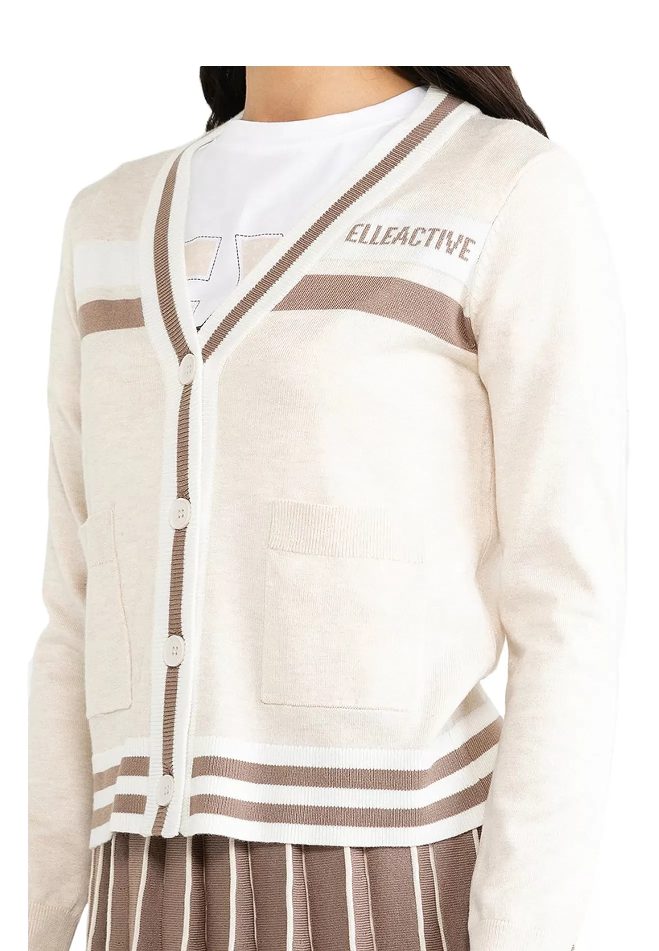 ELLE Active Active Striped Double Front Pocket Knit Cardigan