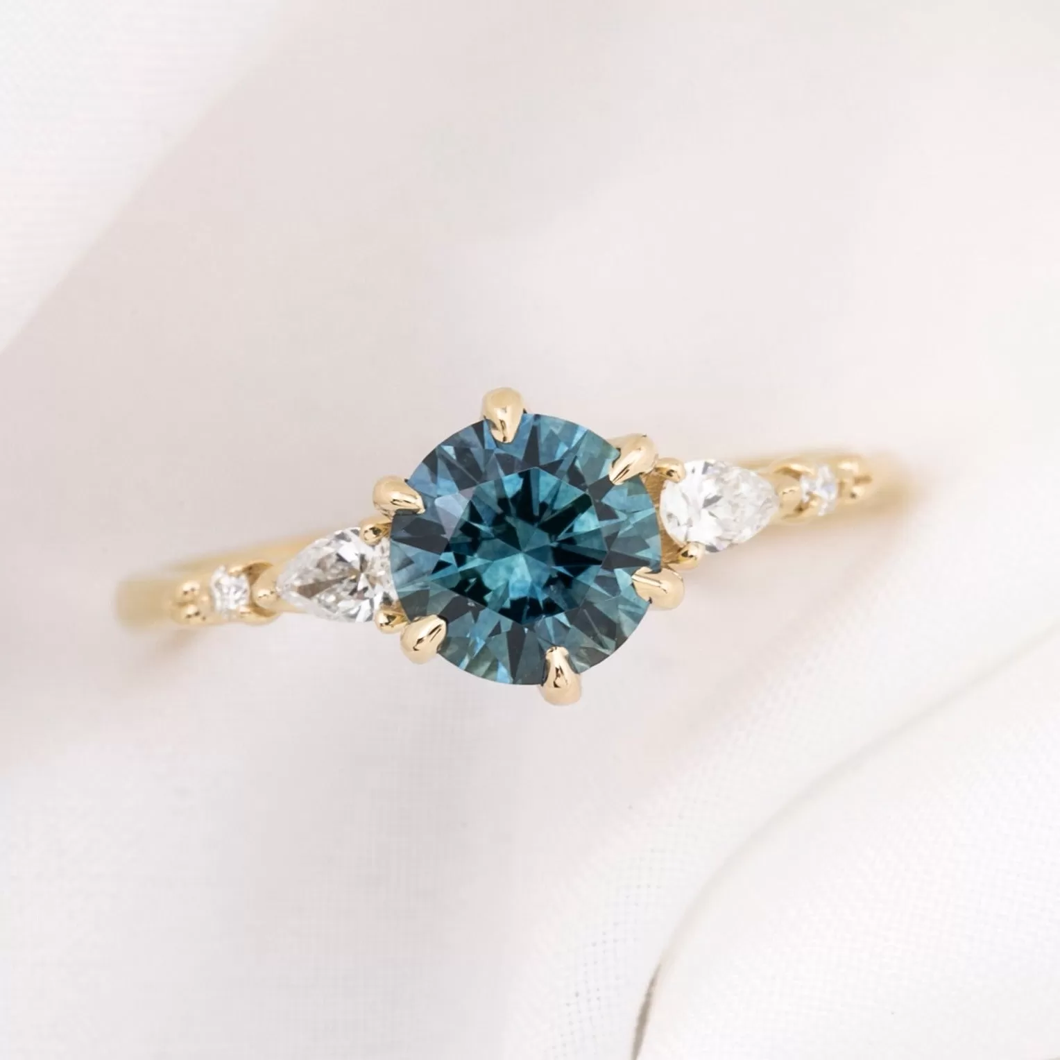 Estel Fleur Petal Ring 1.30ct Teal Blue Montana Sapphire, 14k Yellow Gold (One of a kind)