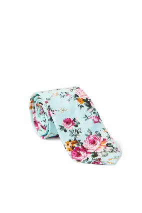 Frederick Shabby Chic Floral Print Necktie - Aqua Blue