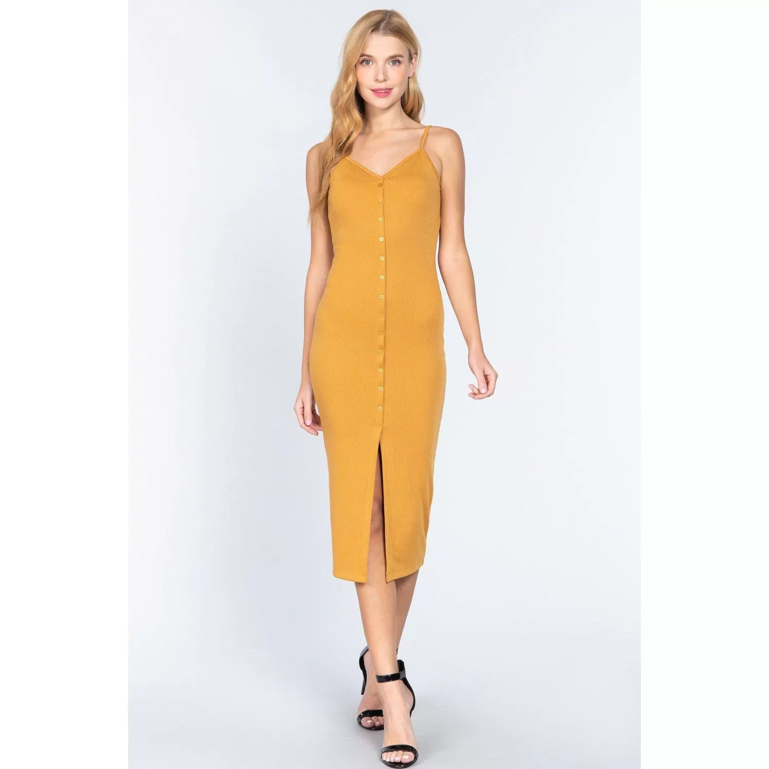 Fron Button Slit Rib Cami Midi Dress