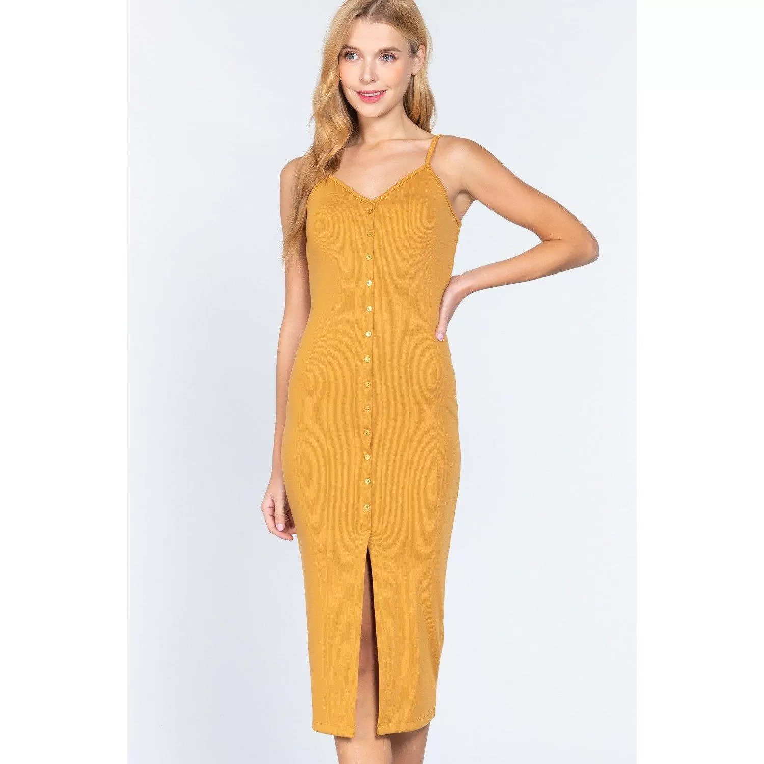 Fron Button Slit Rib Cami Midi Dress