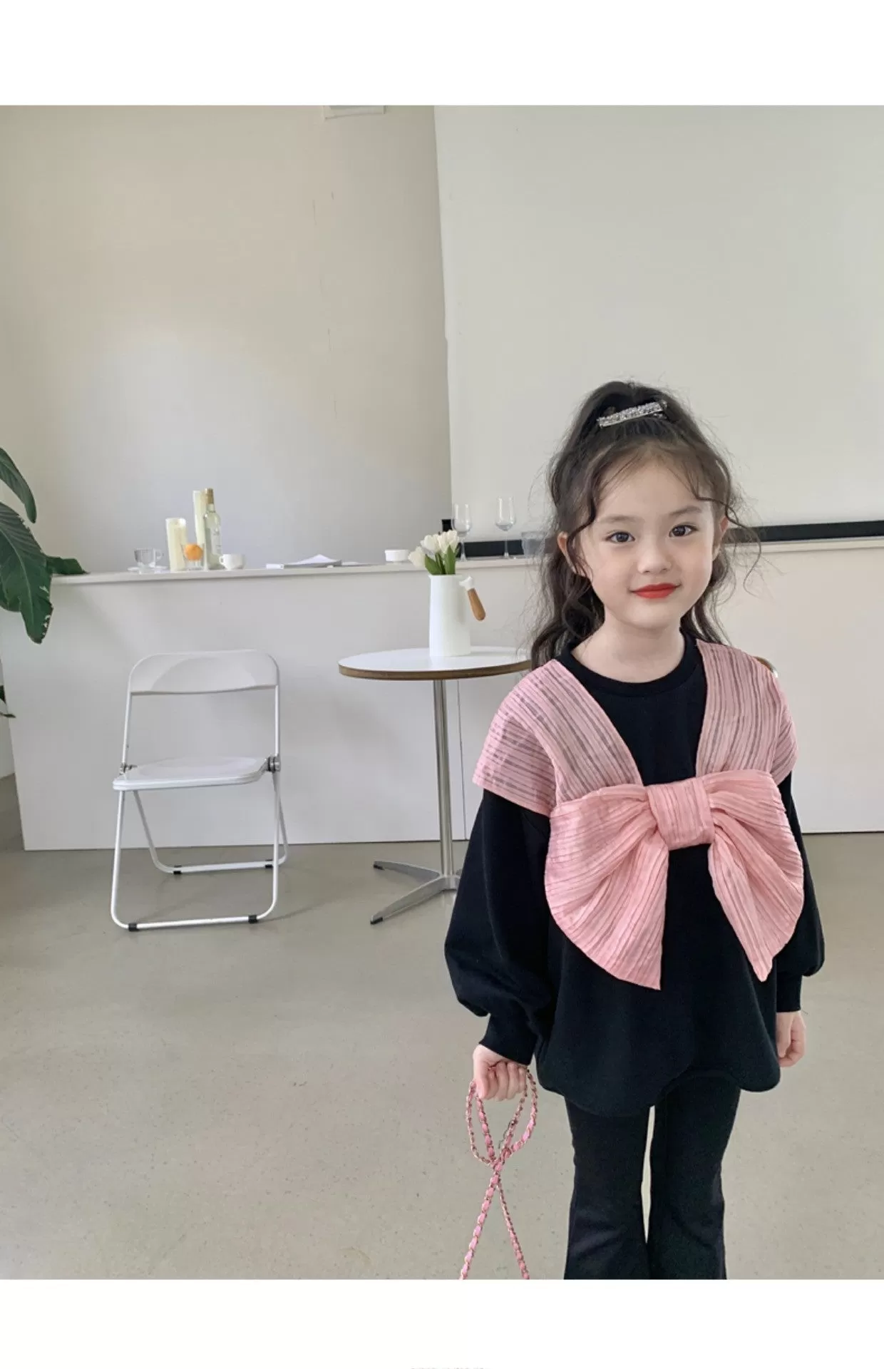 Girls Pink Bow Tops Bell Bottoms Spring and Autumn Suit