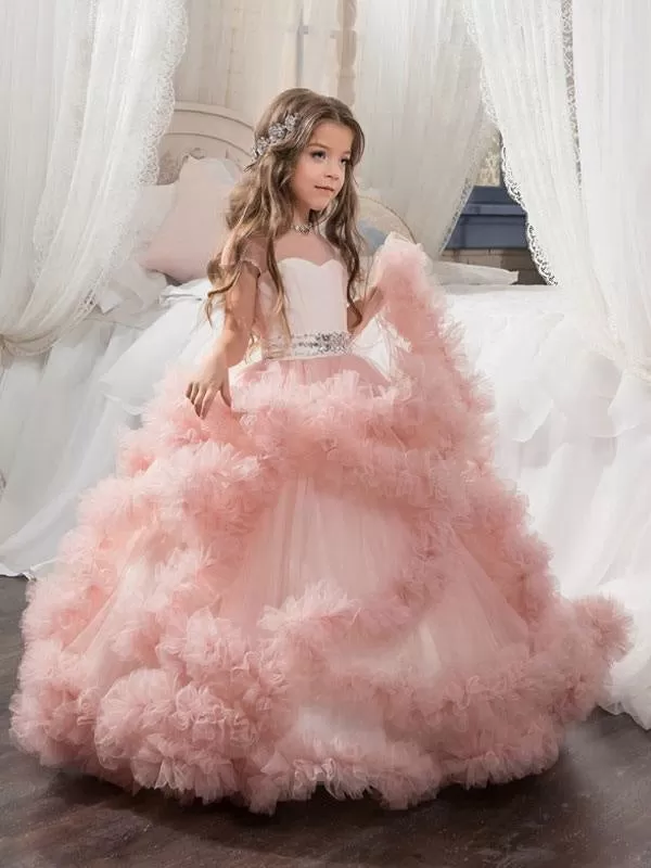 Gorgeous Short Sleeves Rhinestones Kids Flower Girl Dresses