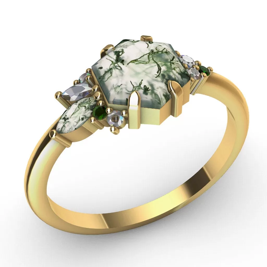 Grace Hexagon Moss Agate Ring With Accent Stones