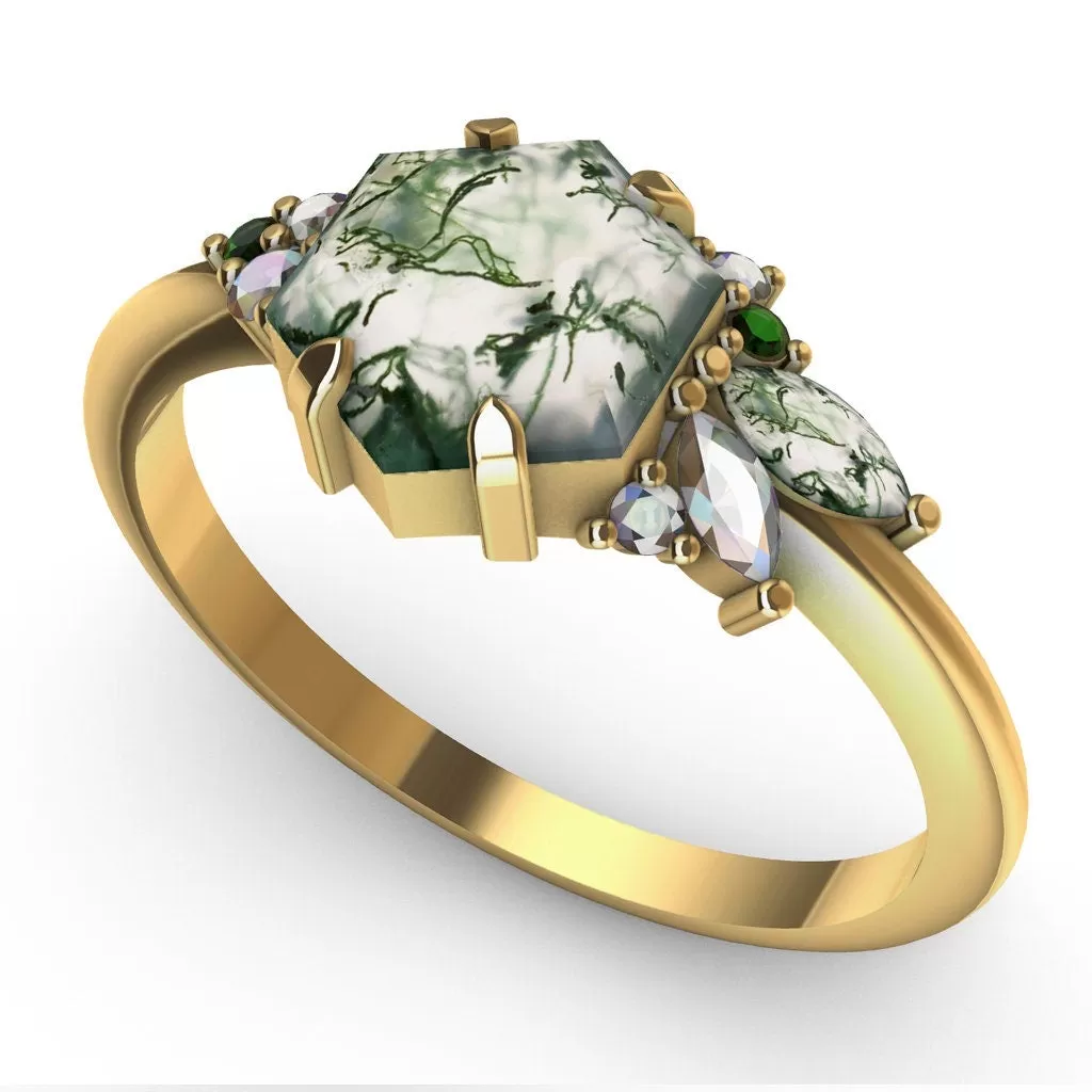 Grace Hexagon Moss Agate Ring With Accent Stones