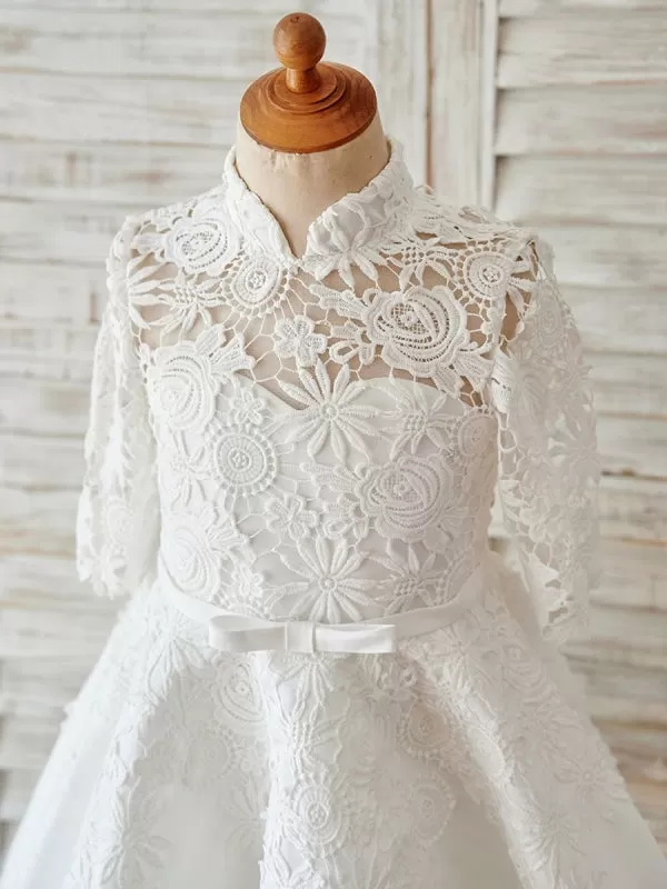 Half Sleeves Floral Lace  Flower Girl Dress Ivory Satin High Neck Dress for Wedding