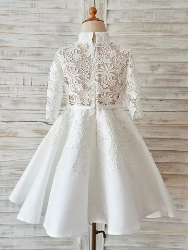 Half Sleeves Floral Lace  Flower Girl Dress Ivory Satin High Neck Dress for Wedding