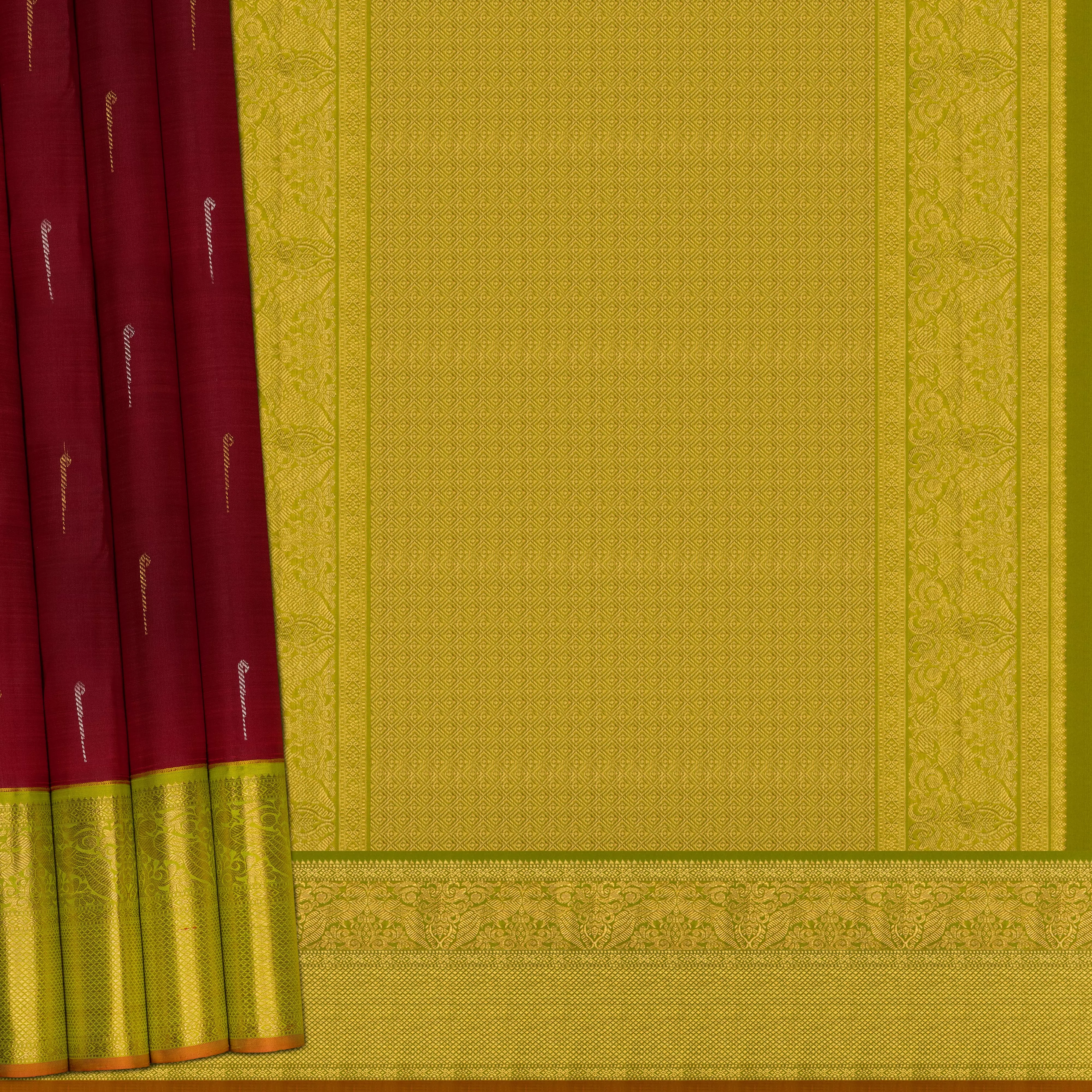 Handwoven Maroon with Green Kanjivaram Silk Saree - 2048T009658DSC