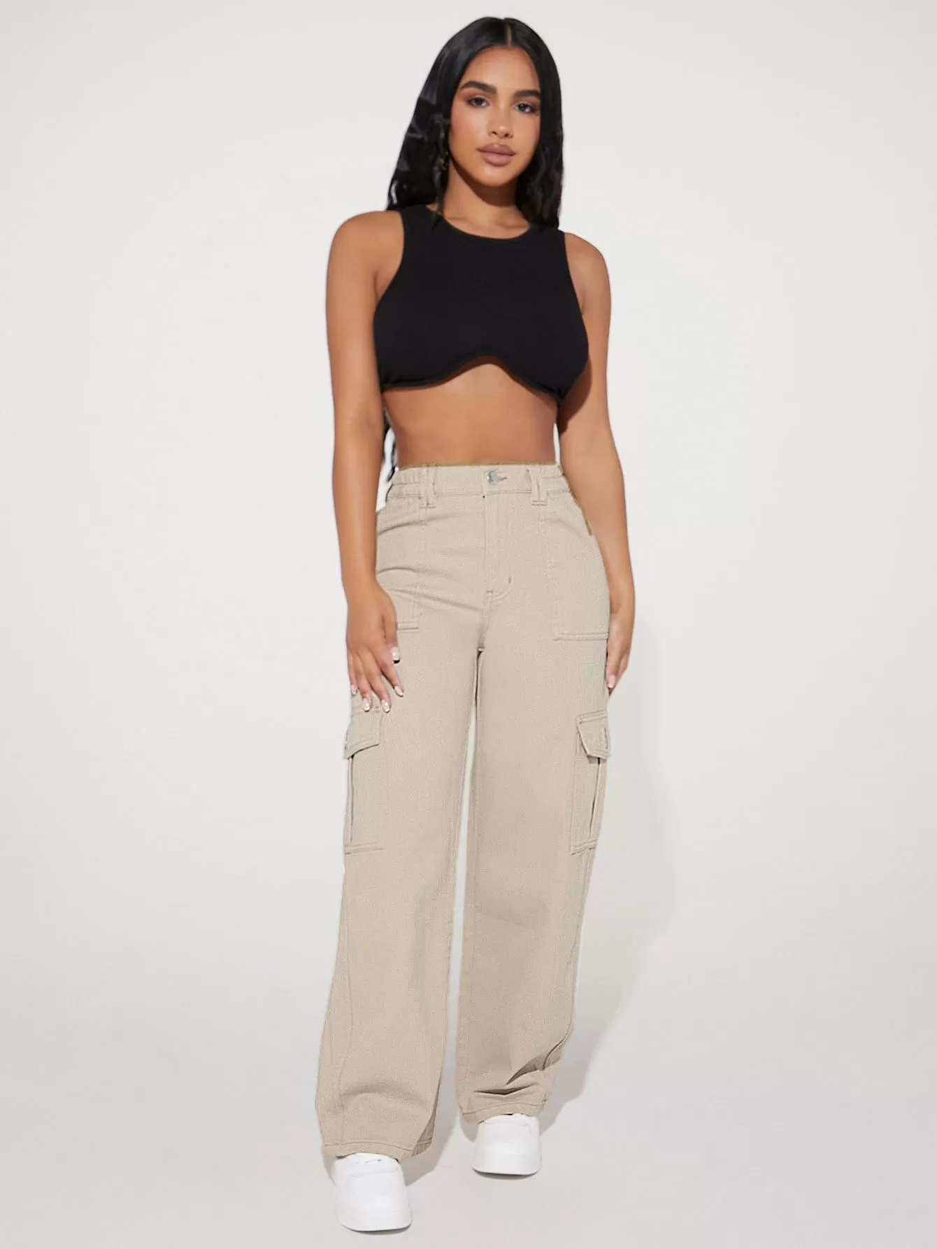 High Waist Flap Pocket Cargo Jeans