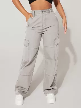 High Waist Flap Pocket Cargo Jeans