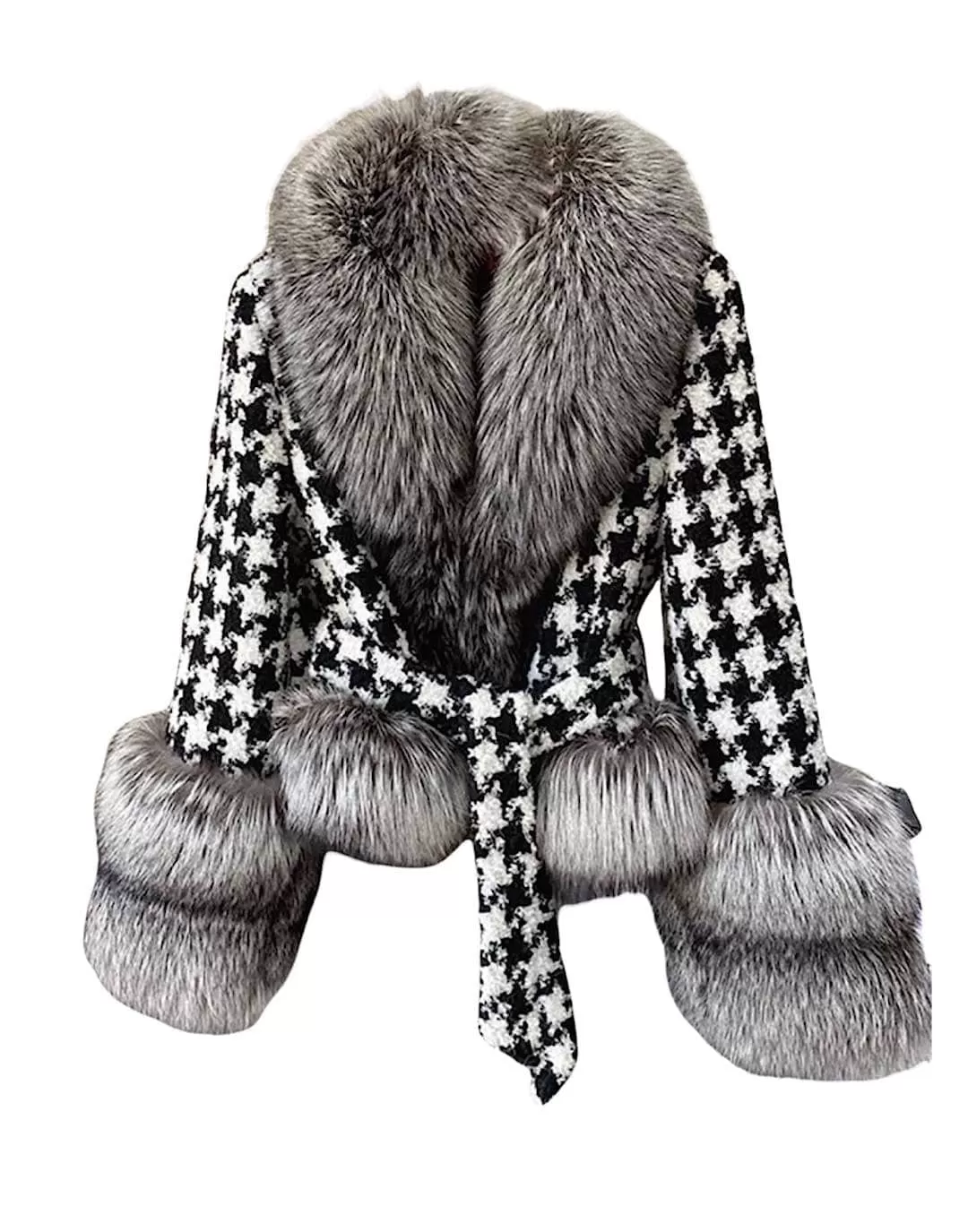 Houndstooth Fox Fur Trim Belted Wool Jacket