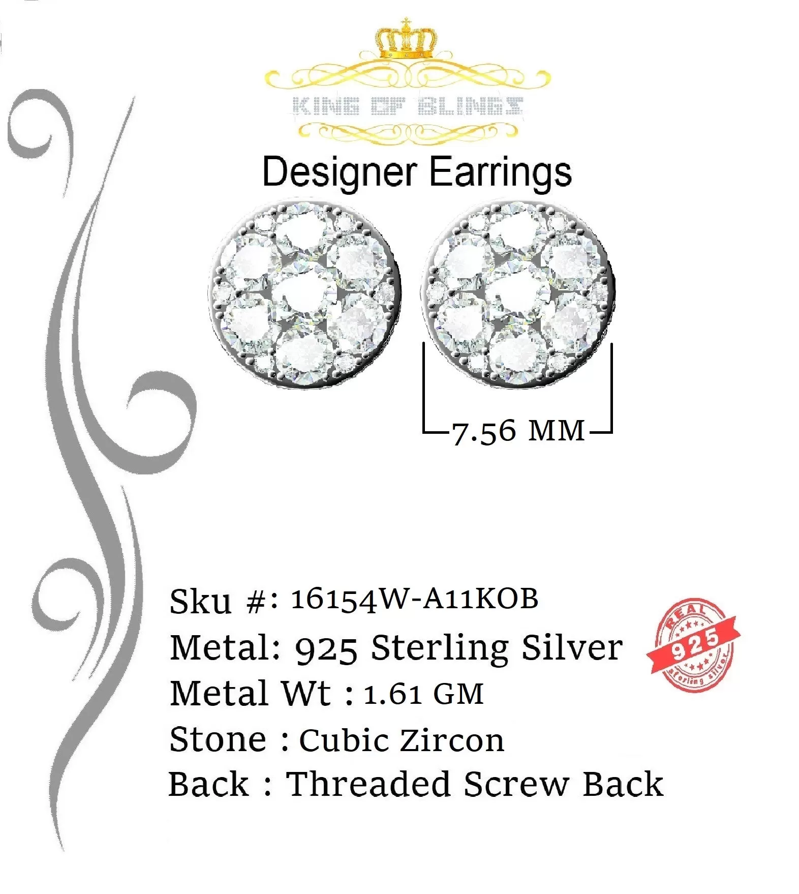 King of Blings- 1.72ct Cubic Zirconia 925 White Sterling Silver Women's Hip Hop Round Earrings