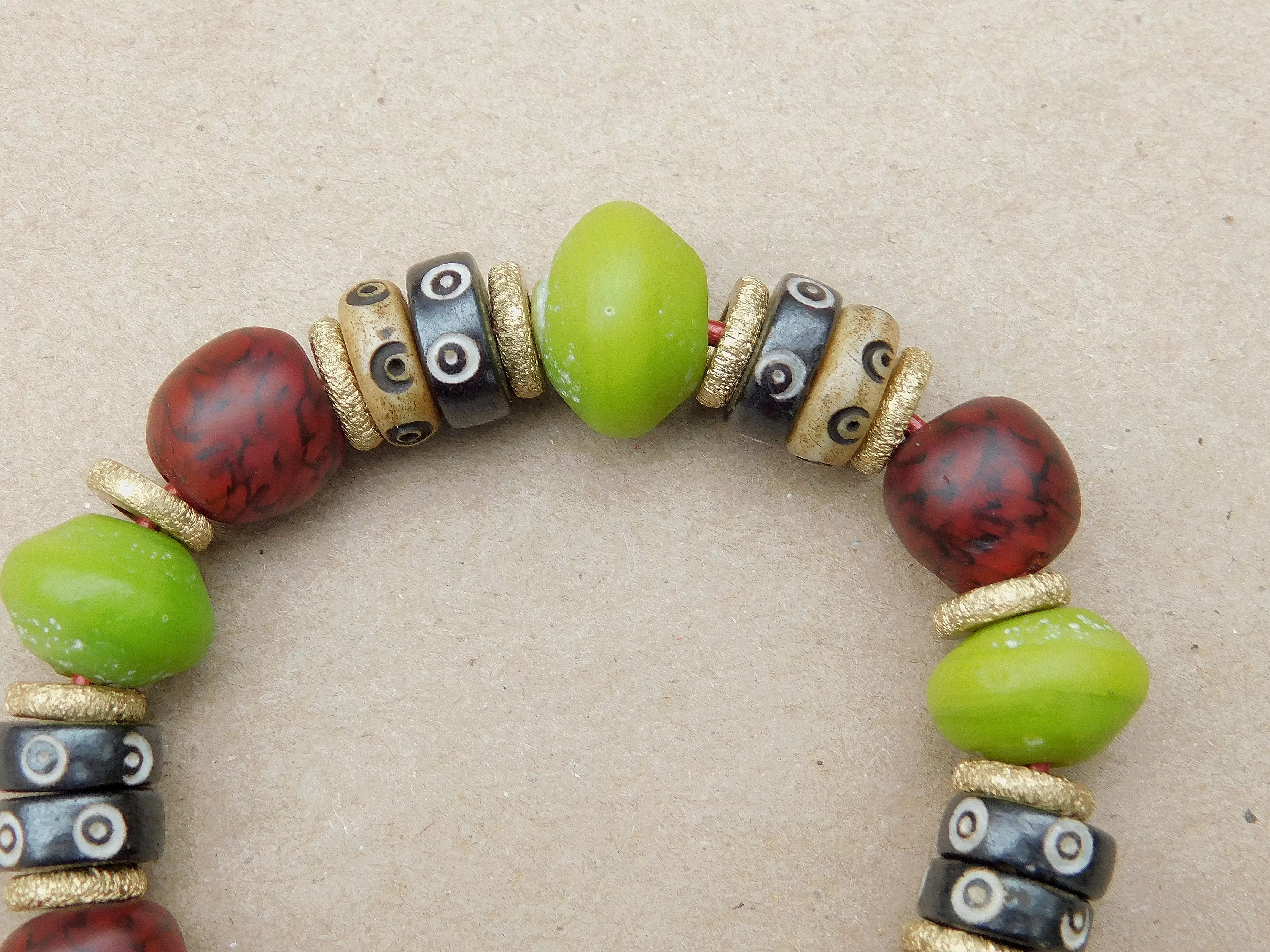 Lime Green and Red Black Swirl Recycled Glass Boho Bracelet