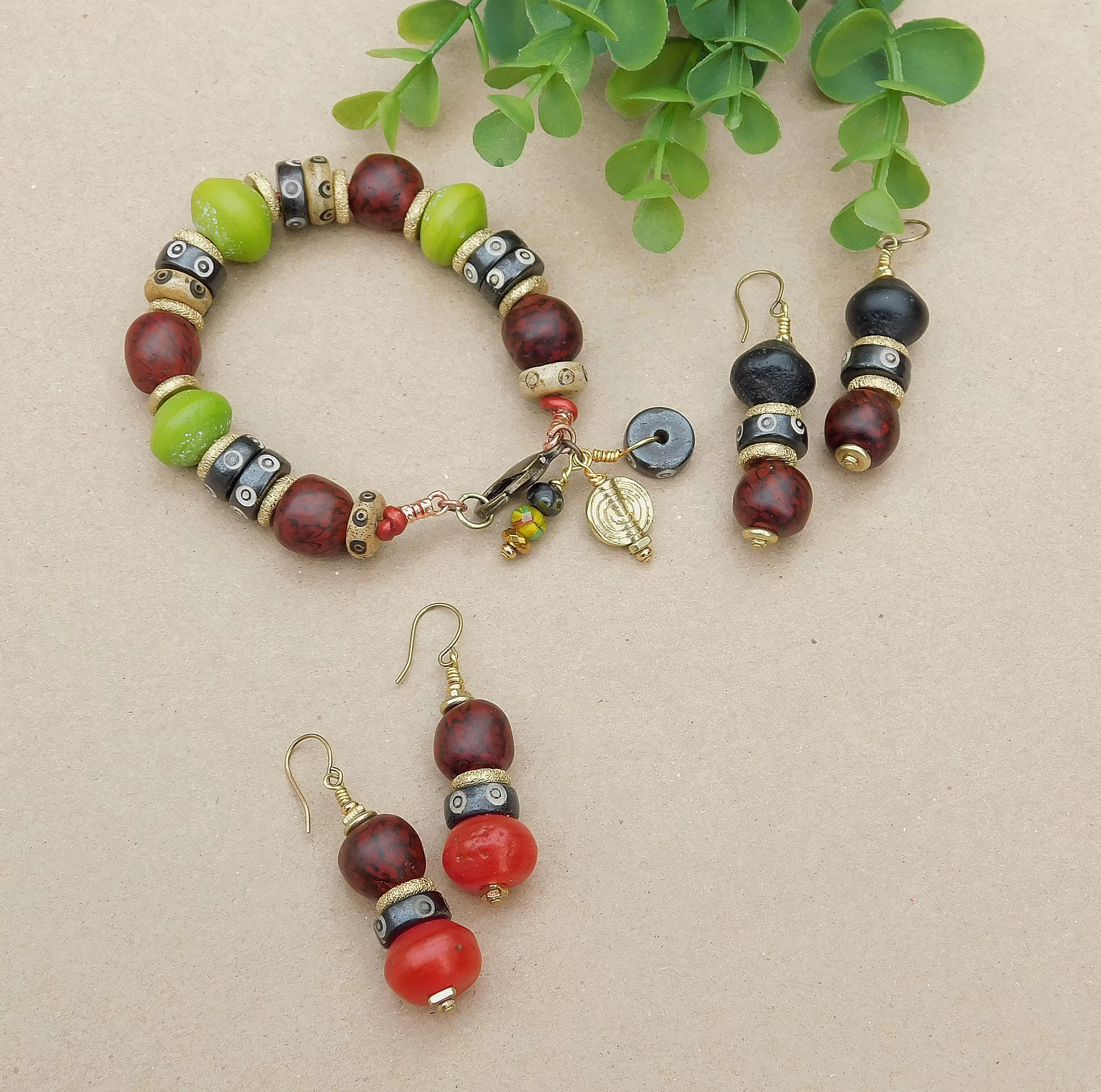 Lime Green and Red Black Swirl Recycled Glass Boho Bracelet