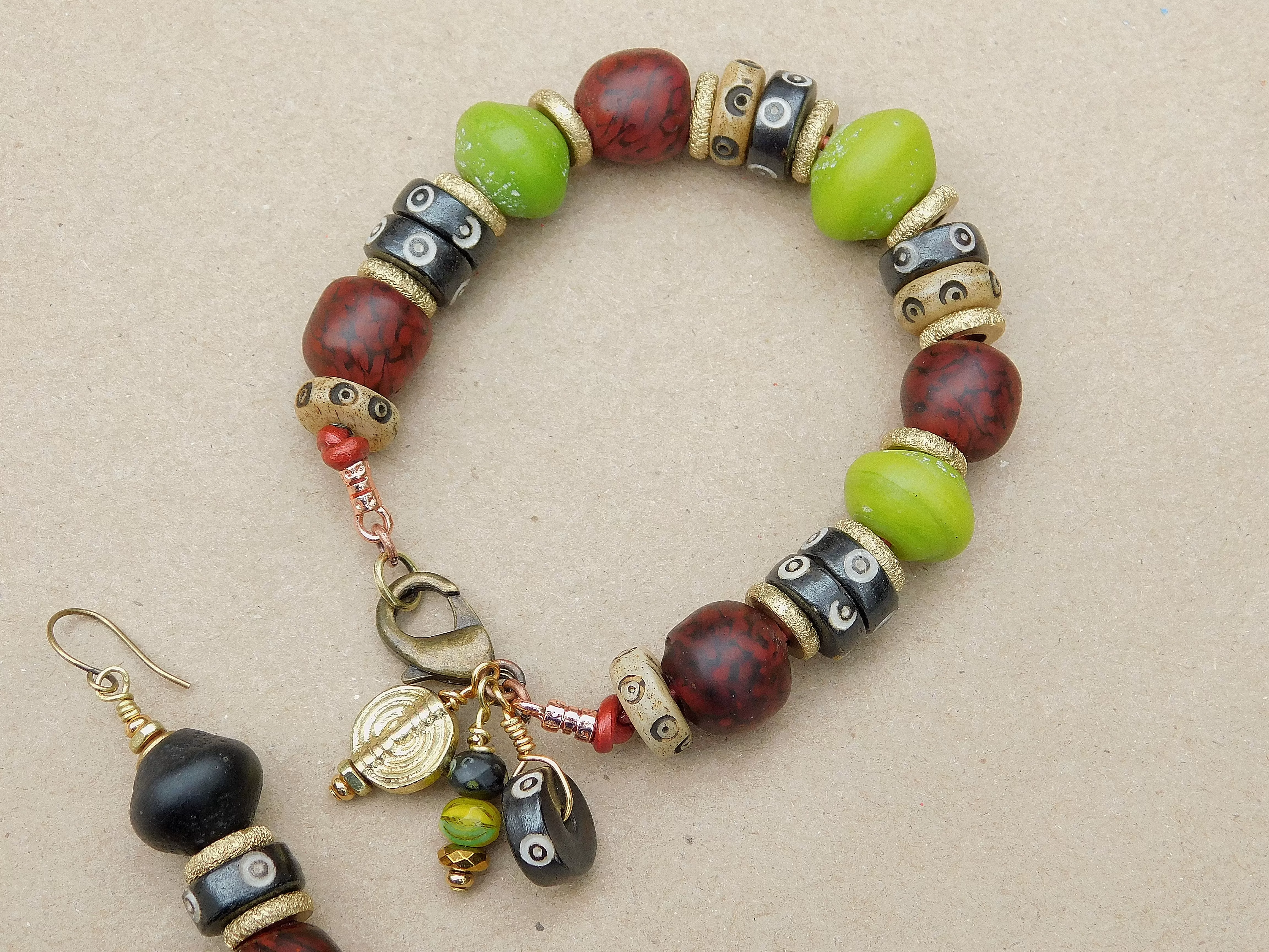 Lime Green and Red Black Swirl Recycled Glass Boho Bracelet