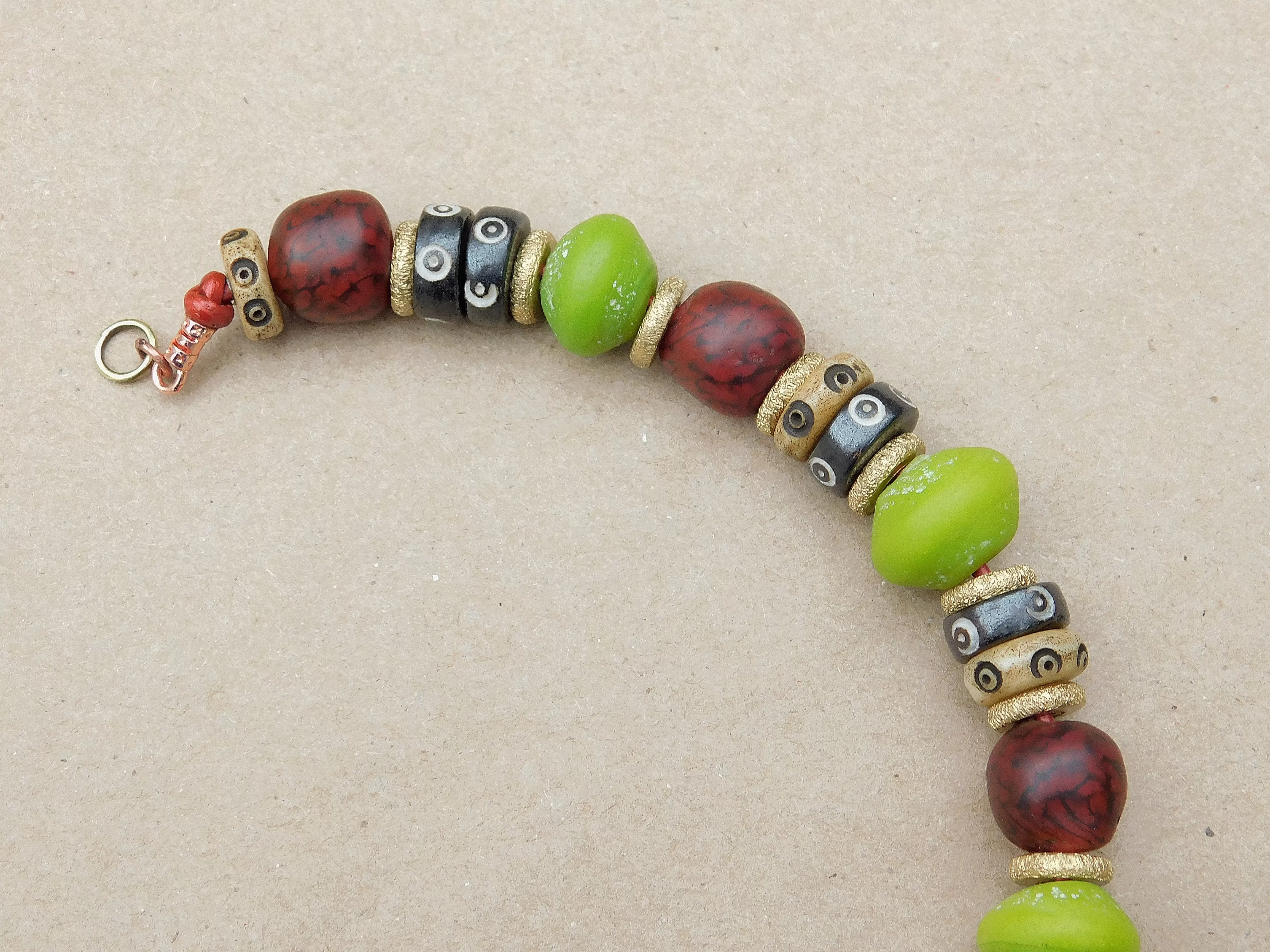 Lime Green and Red Black Swirl Recycled Glass Boho Bracelet