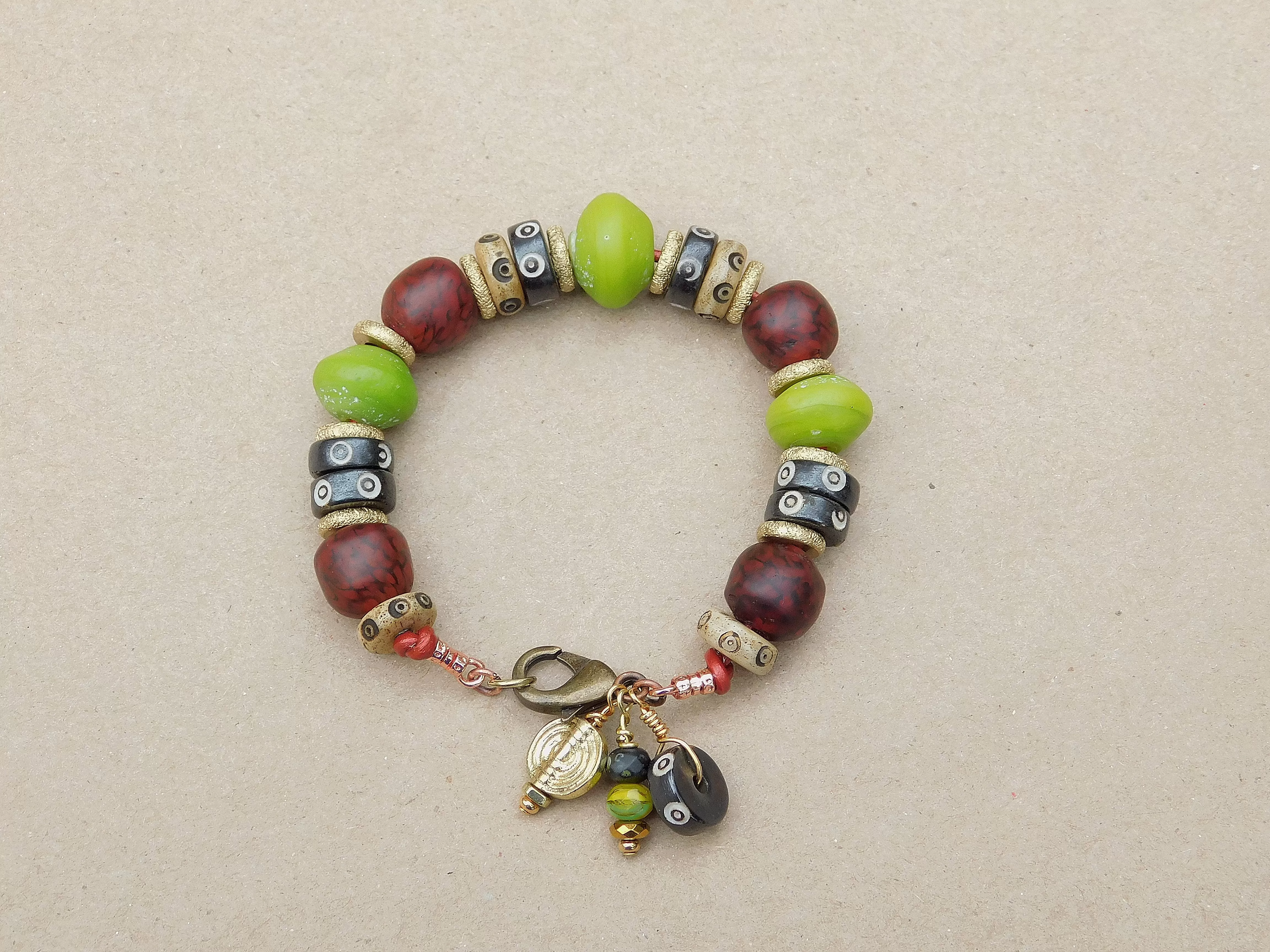 Lime Green and Red Black Swirl Recycled Glass Boho Bracelet