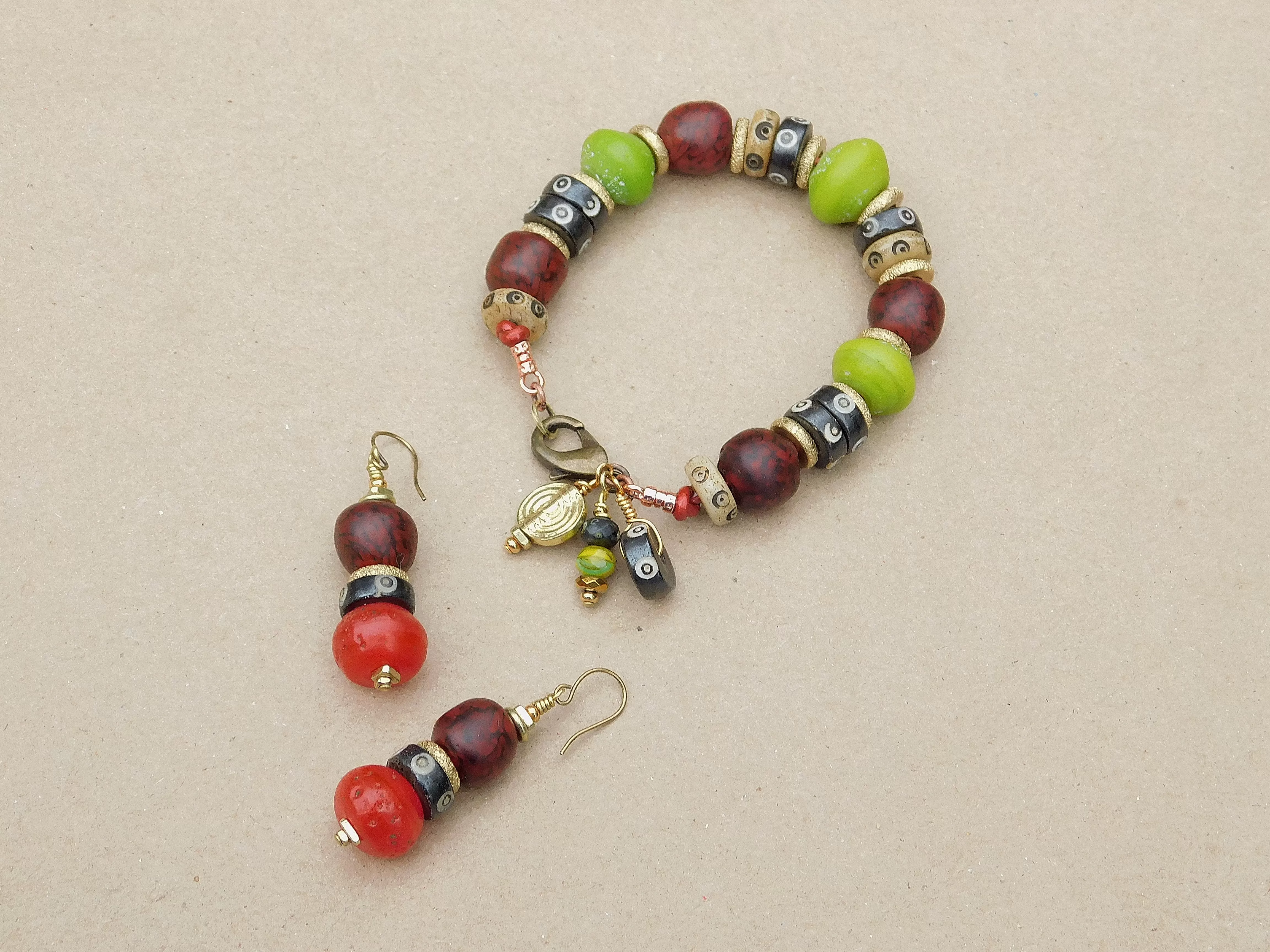 Lime Green and Red Black Swirl Recycled Glass Boho Bracelet