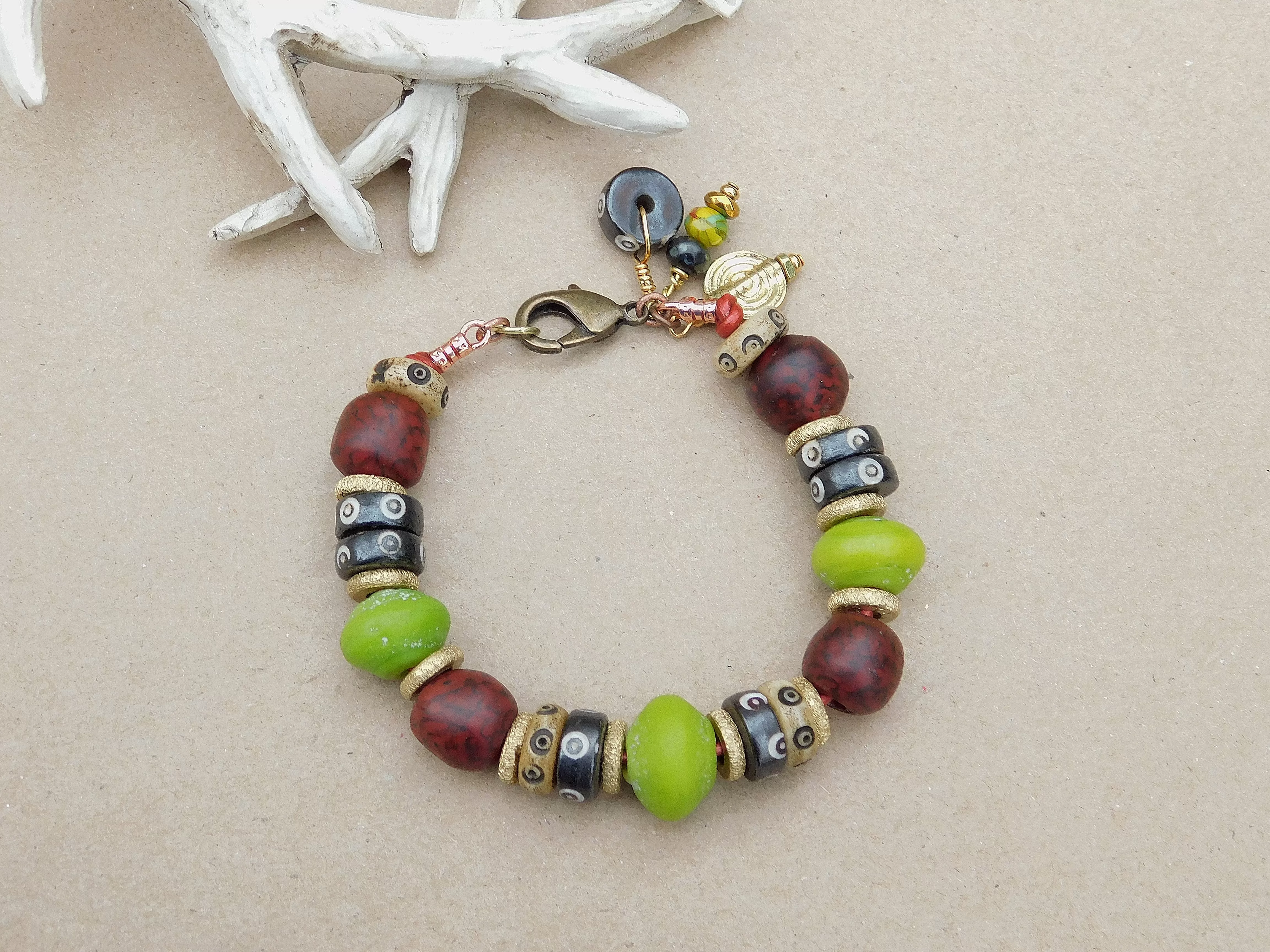 Lime Green and Red Black Swirl Recycled Glass Boho Bracelet