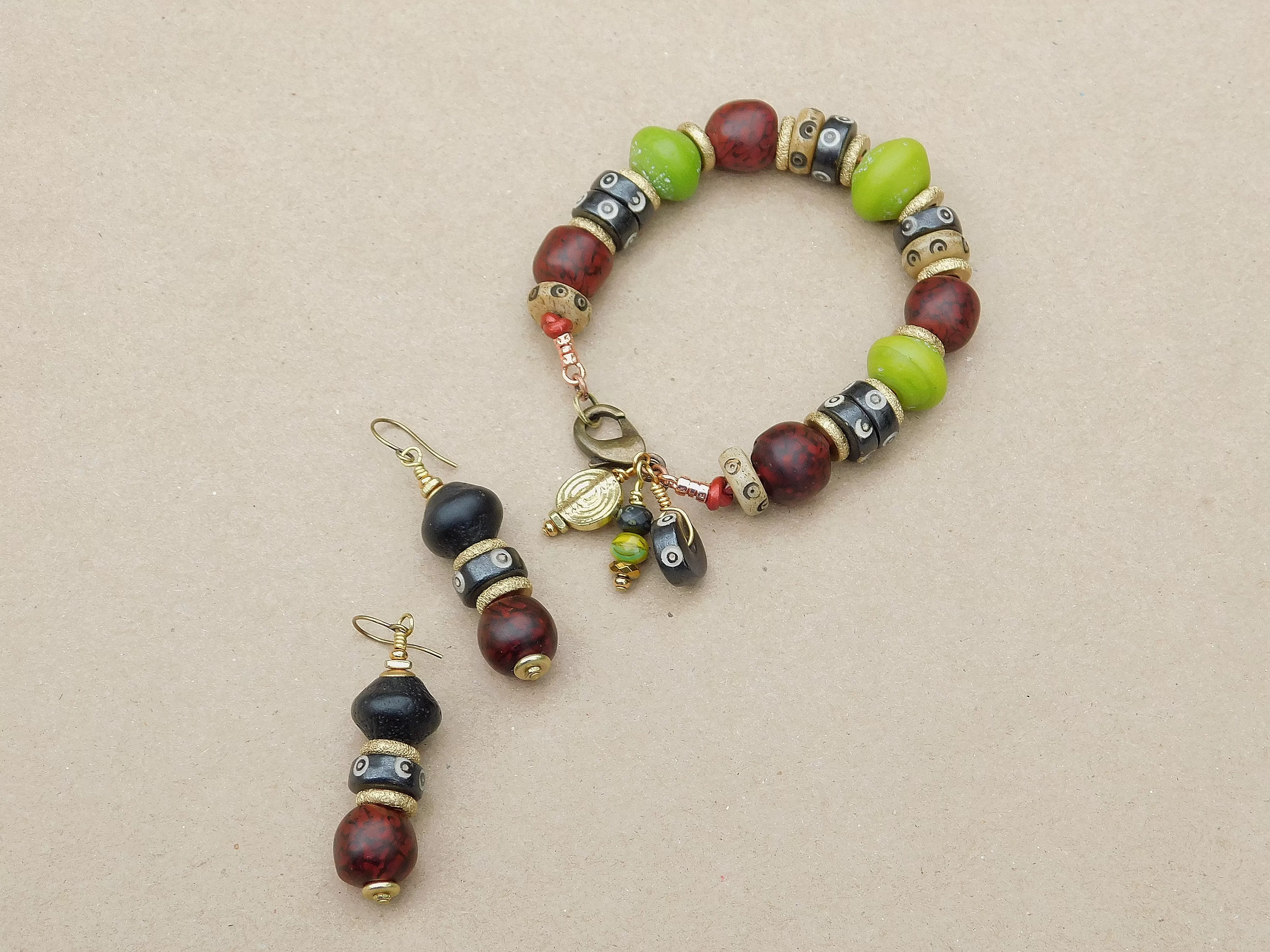 Lime Green and Red Black Swirl Recycled Glass Boho Bracelet