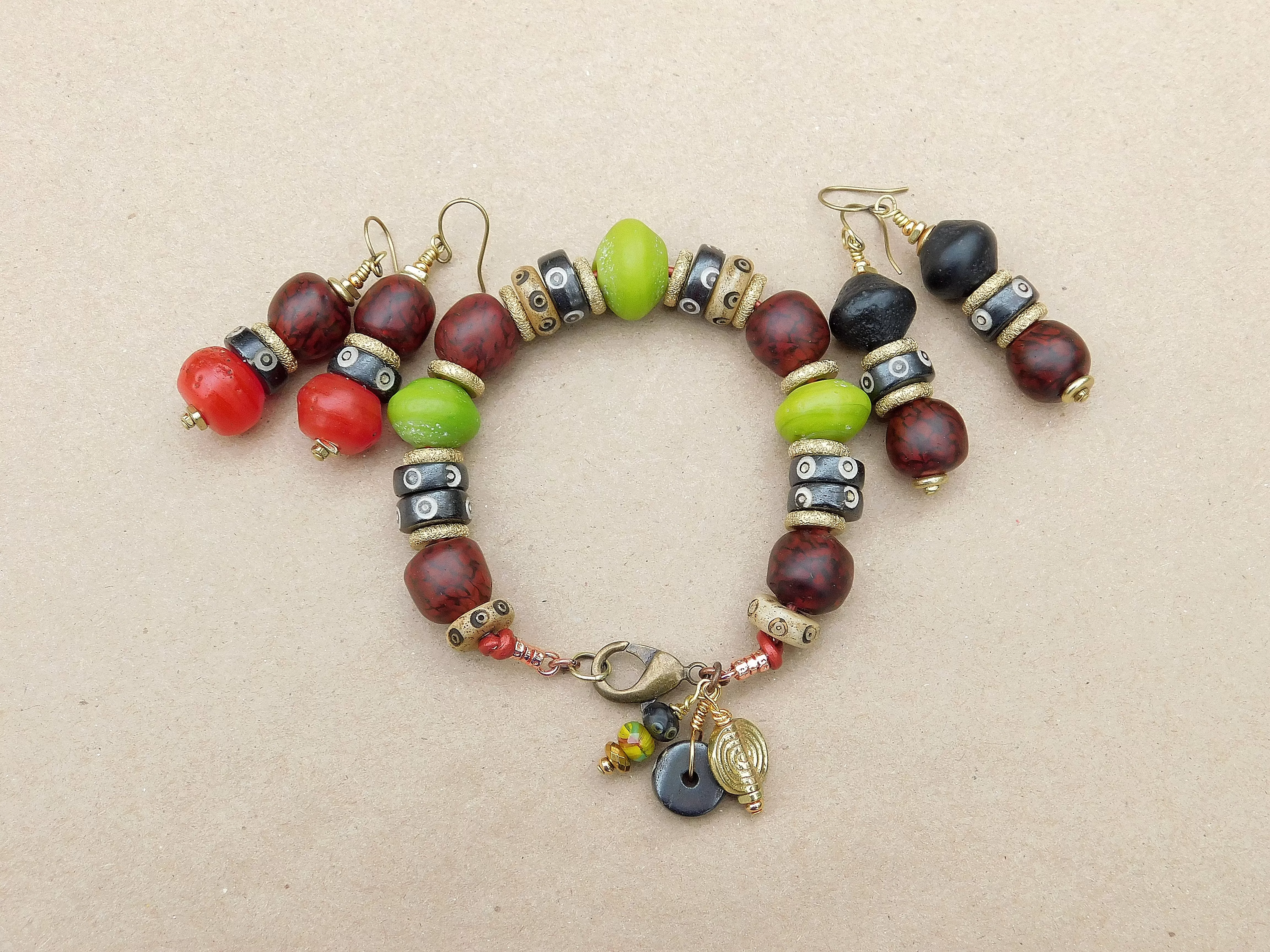 Lime Green and Red Black Swirl Recycled Glass Boho Bracelet