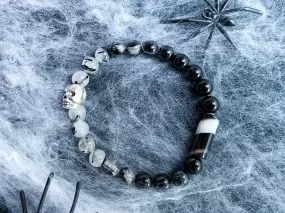 Limited Edition Halloween Bracelet || Skull & Onyx Bar || Onyx & Tourmalinated Quartz