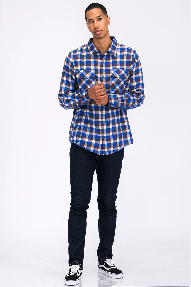 Long Sleeve Checkered Plaid Brushed Flannel