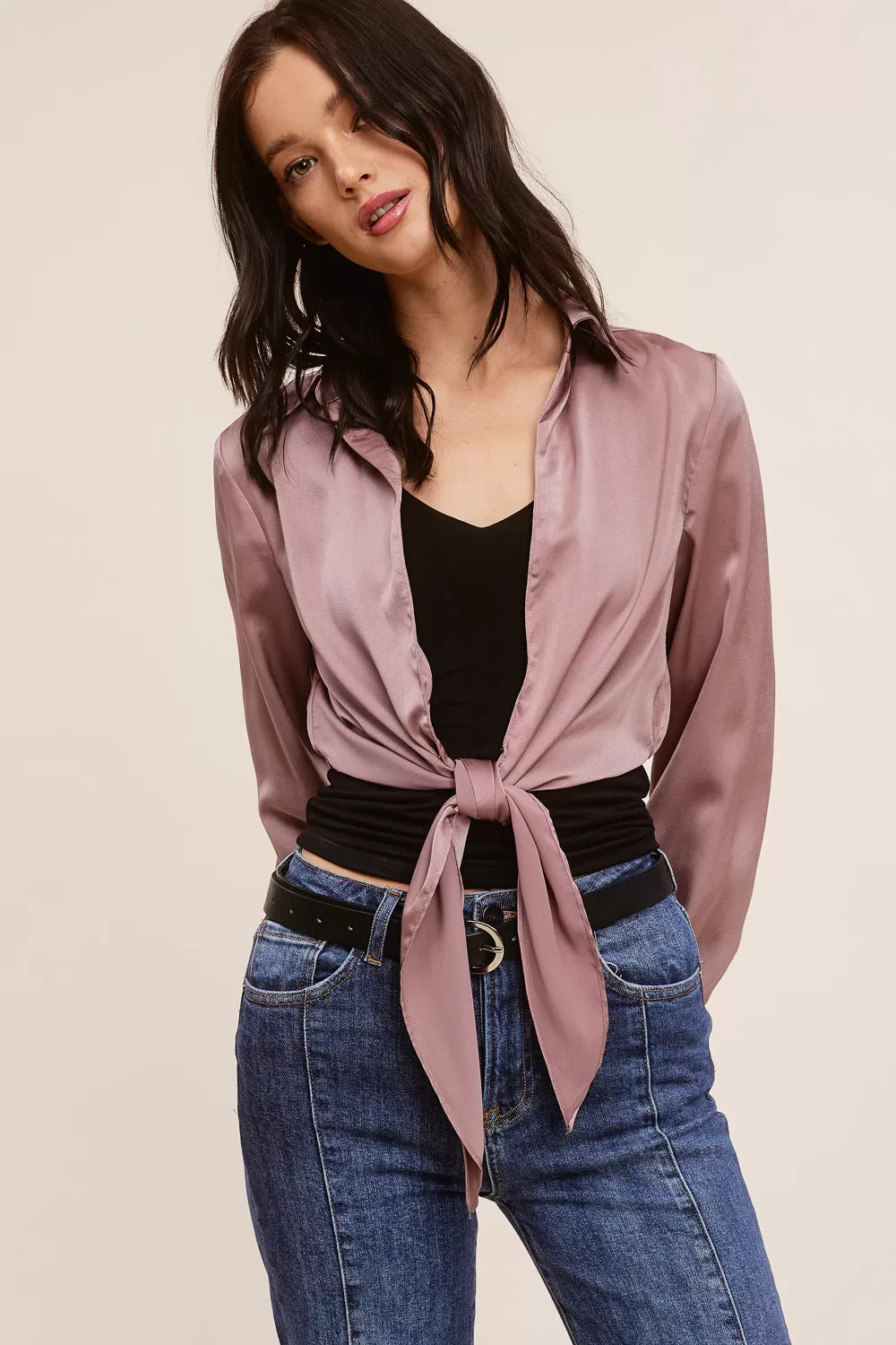 Mauve Silk Tie-Front Top