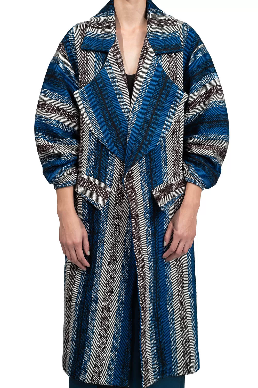 MOON STRIPES LONG COAT in BLACK/BLUE/IVORY/PLUM