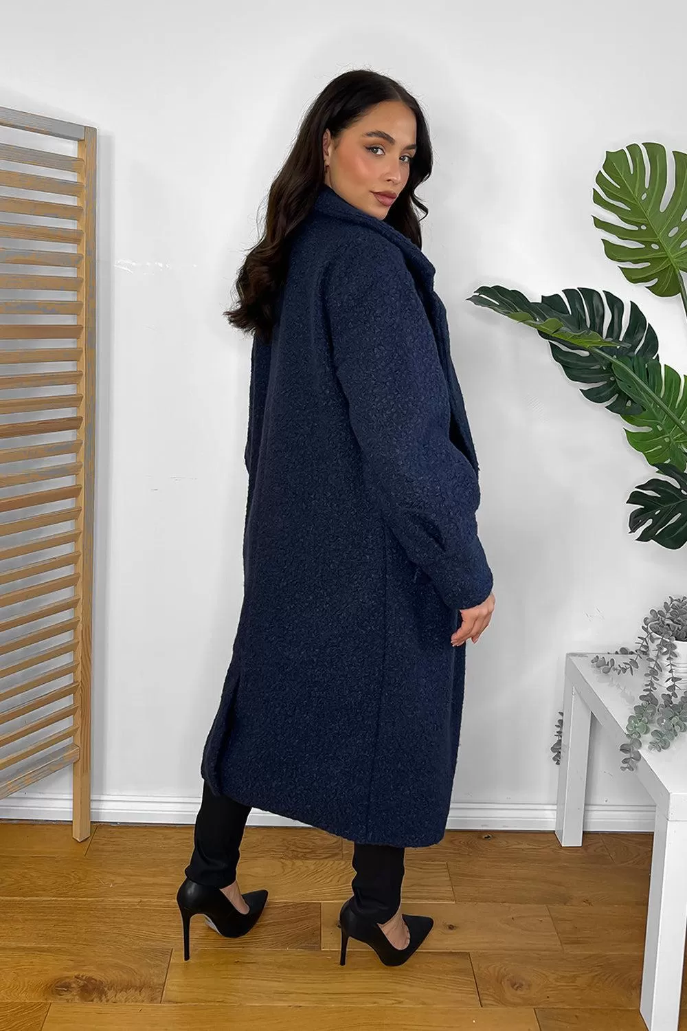 Navy Boucle Peak Collar Midi Coat