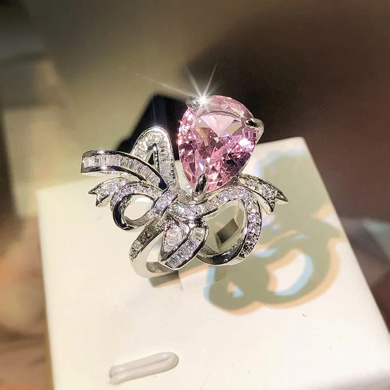 New Fashion Pink Sapphire Bow Adjustable Ring