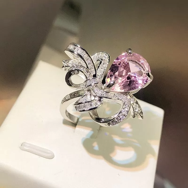 New Fashion Pink Sapphire Bow Adjustable Ring