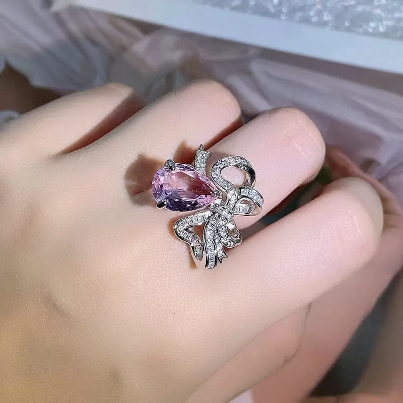 New Fashion Pink Sapphire Bow Adjustable Ring