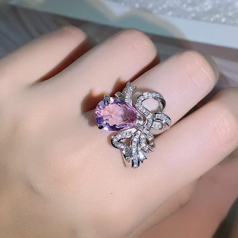 New Fashion Pink Sapphire Bow Adjustable Ring